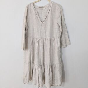 Francesca Bettini 100% Linen Tiered Dress Roll Tab Sleeve Split Neck Beige Large